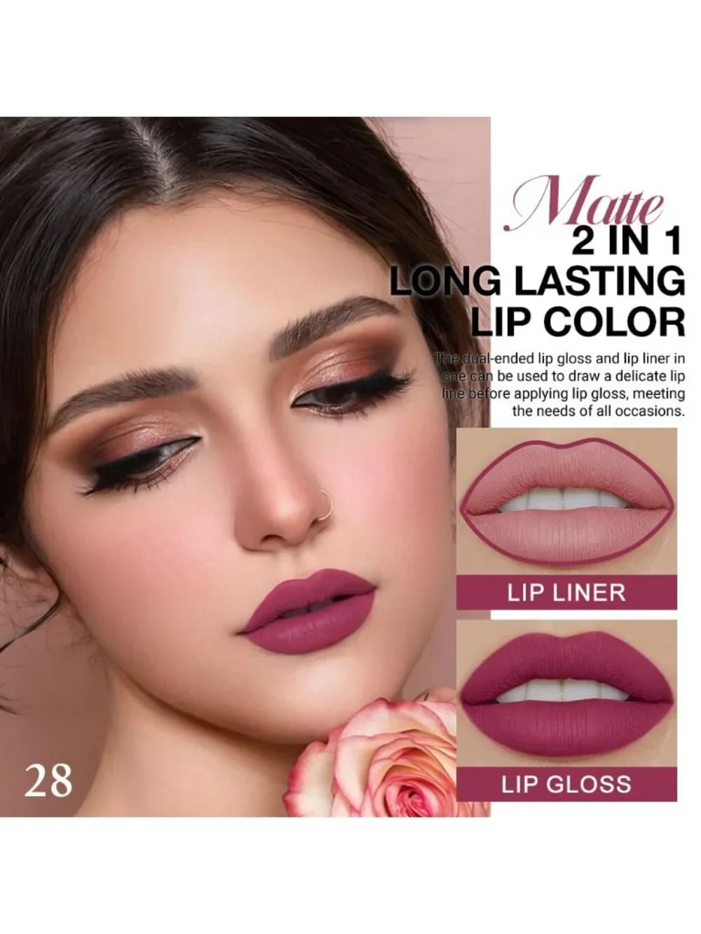28#-Rose Plum 2-in-1 Waterproof Long Lasting Double-Ended Matte Liquid Lipstick